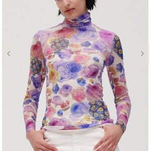 Ganni Floral Mesh Turtleneck Top